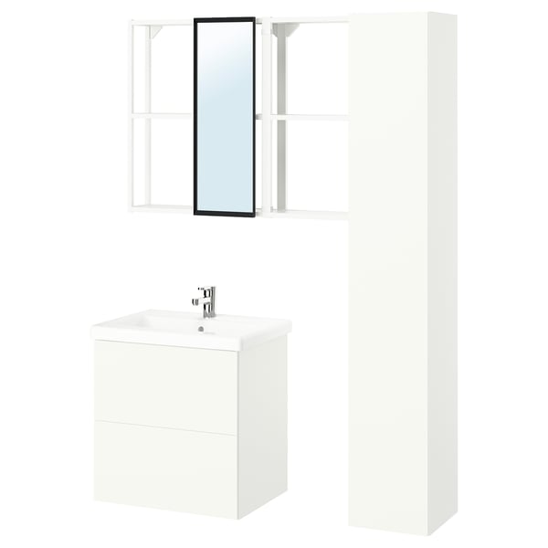 A modern white bathroom setup with a vanity, mirror, and tall cabinet from the ikea ENHET series.