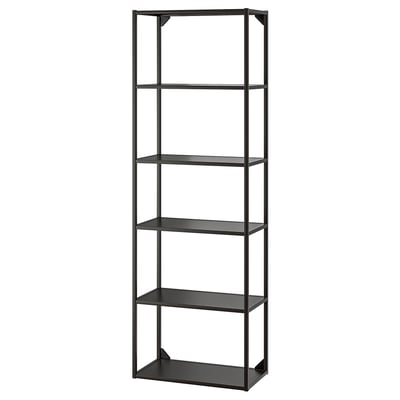 A black ENHET storage shelf with five open shelves. Its made of steel, modern in design, and ideal for kitchen or bathroom storage.