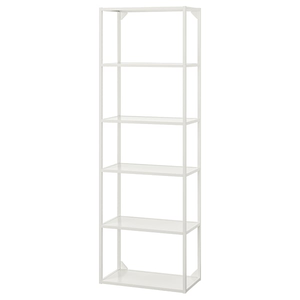 White ENHET storage shelf with five transparent glass shelves.