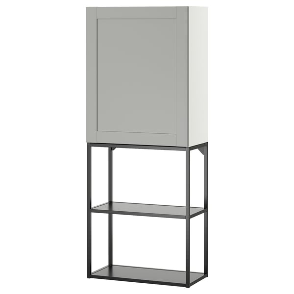 ENHET grey cabinet with glass shelves, modern design.