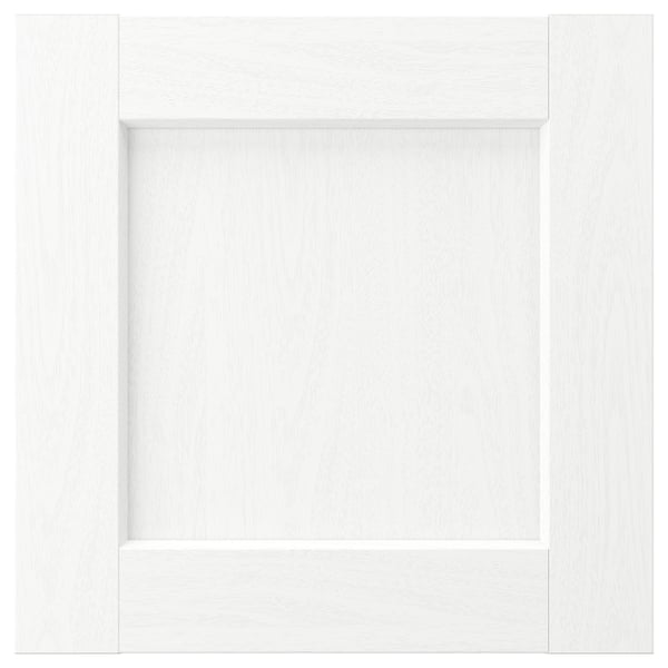 A white ENKÖPING cabinet door with a subtle wood grain texture. Its square-shaped with a classic, framed design.
