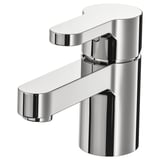 Modern chrome bathroom tap with sleek curve, metallic body, lever handle.
