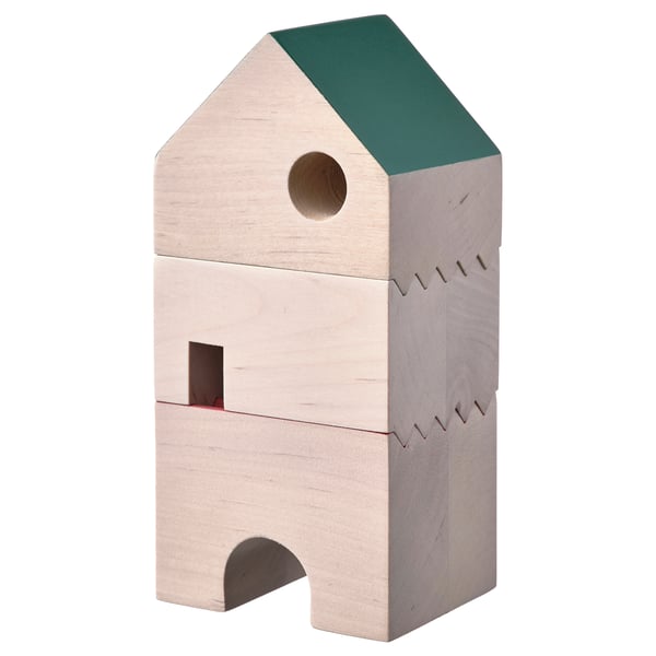 FÄLTLÖNN wooden house toy with green roof, simple block design.