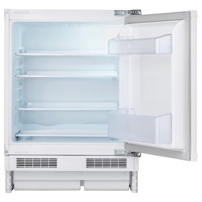 Small white under-counter fridge. Sleek design with adjustable shelves. Led lit interior. Ideal for compact spaces.