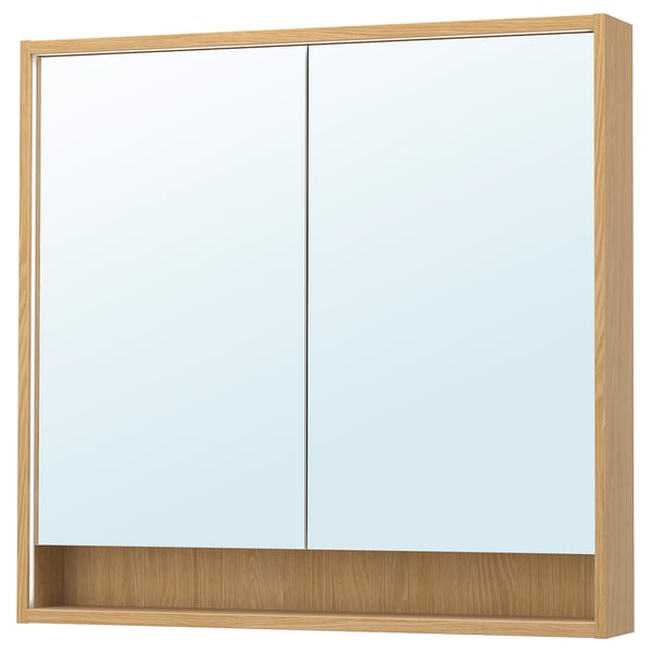 Faxäven lighted mirror cabinet, light wood, rectangular, with open shelf & integrated lighting.