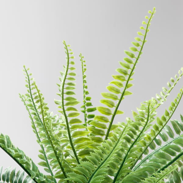 Bright green fern fronds against light grey background, showcasing lifelike and vibrant artificial plant with detailed leaf structure.
