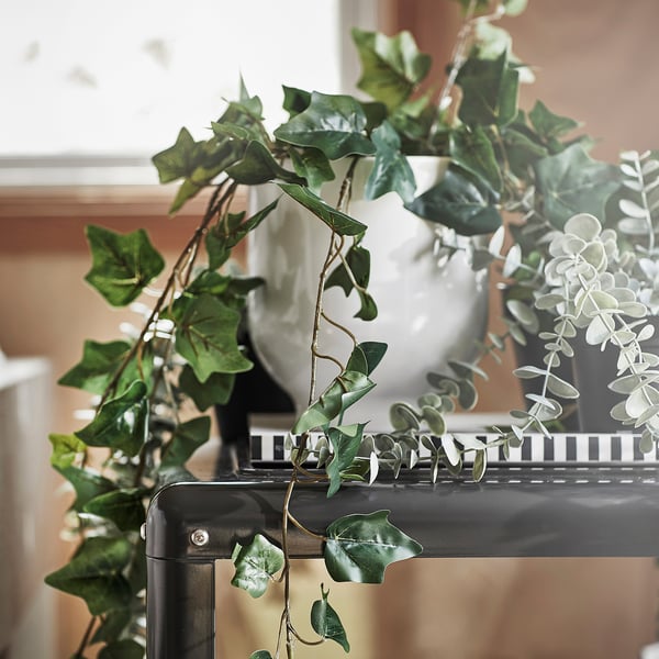 Black FEJKA artificial plants in vases, green ivy cascading down, modern decor.