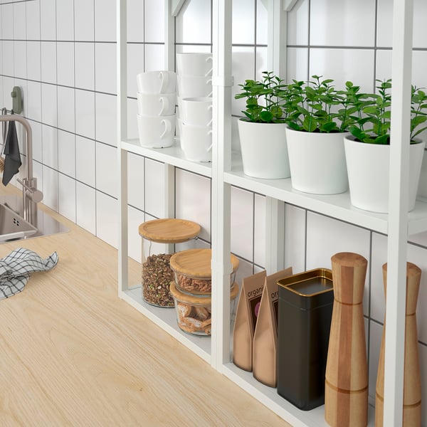 Kitchen shelf with potted plants and jars; herbs in white planters, stacked mugs.