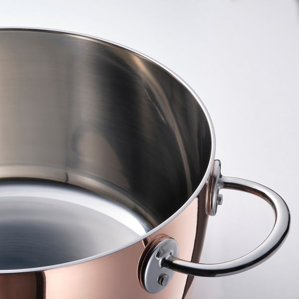 FINMAT polished copper & steel pots with sturdy handles.