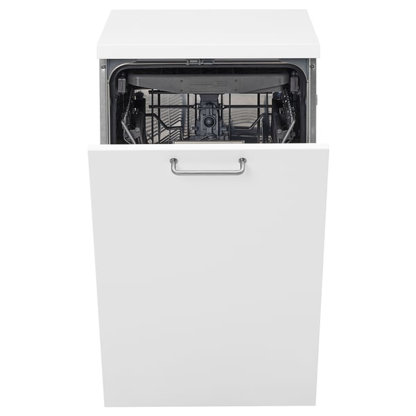 A white FINPUTSAD dishwasher with an open door, displaying its three racks and internal components.