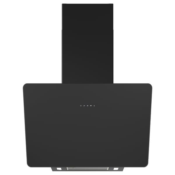 FINSMAKARE black glass kitchen hood. Sleek, modern design with touch controls.