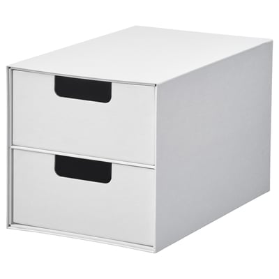 A white FJÄDERHARV mini storage chest with two fabric drawers, upright with square design and silver trim.