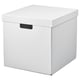 Square white storage box with lid, black handle, made of recycled paper.