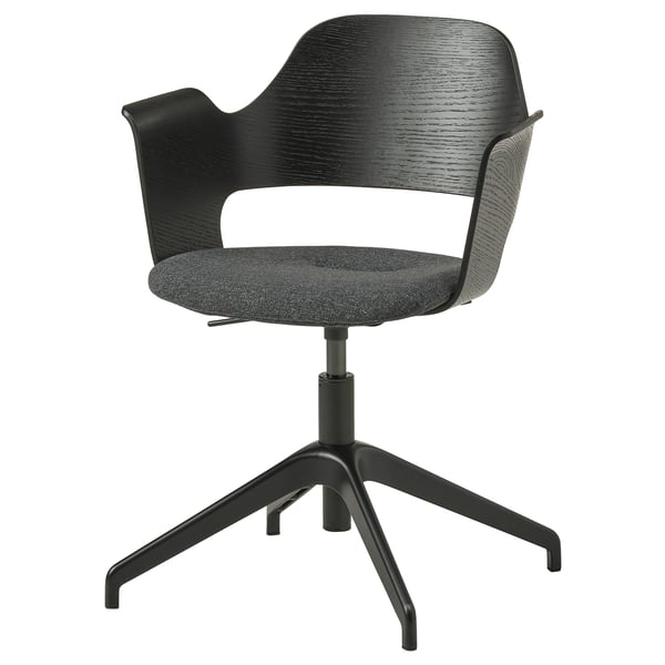 FJÄLLBERGET black office chair with grey seat, ash veneer back, star base, adjustable height.