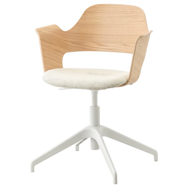 Modern FJÄLLBERGET chair in white with oak finish, featuring a cushioned seat and swivel base.