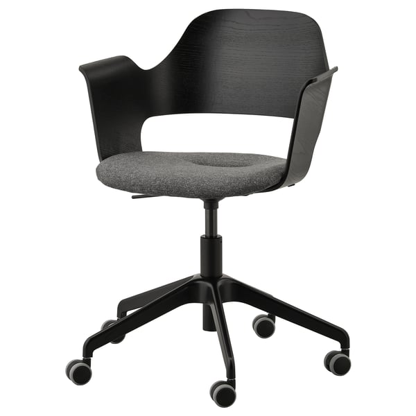 FJÄLLBERGET black office chair with grey fabric, wooden back, armrests, adjustable height, and five casters.