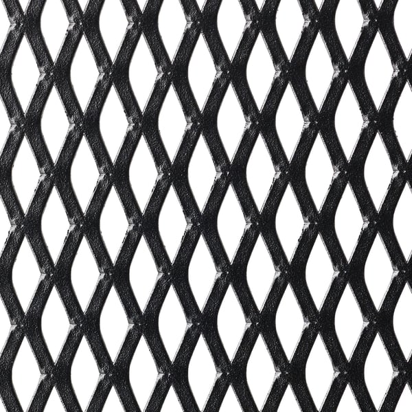 Black metal mesh pattern with a rustic, textured appearance. The setup includes interlocking diamond shapes, providing a robust and industrial feel.