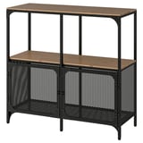 Black FJÄLLBO bookshelf with wood and metal. Mesh back, adjustable feet.