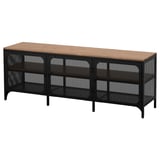 Black metal and wooden tv stand. Three mesh compartments, wooden top. Modern industrial design.