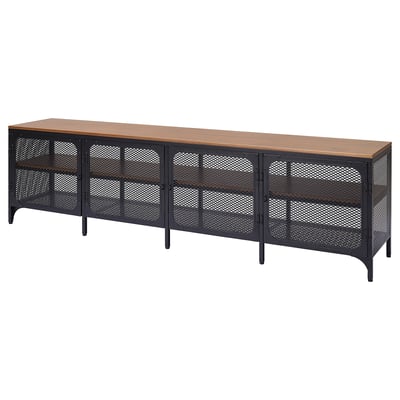 A black and wood FJÄLLBO tv bench with an industrial metal and solid wood design. It multiple shelves for storage and adjustable feet for stability.