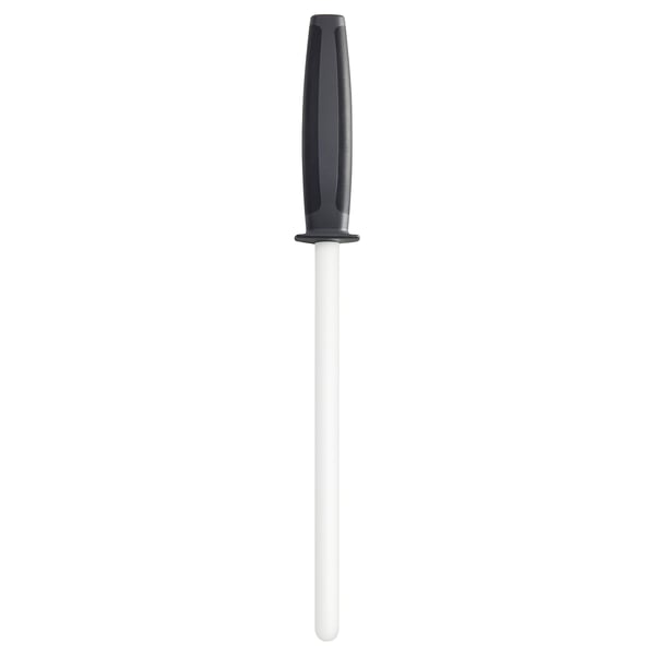 FLAKSA knife sharpener: sleek white body, black grip, ergonomic design for comfortable use.