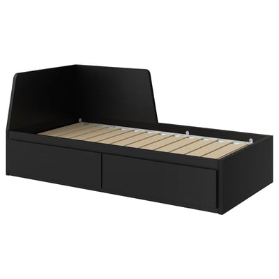 Black FLEKKE day-bed converts to sofa or double bed, storage drawers, modern design with wooden panels.