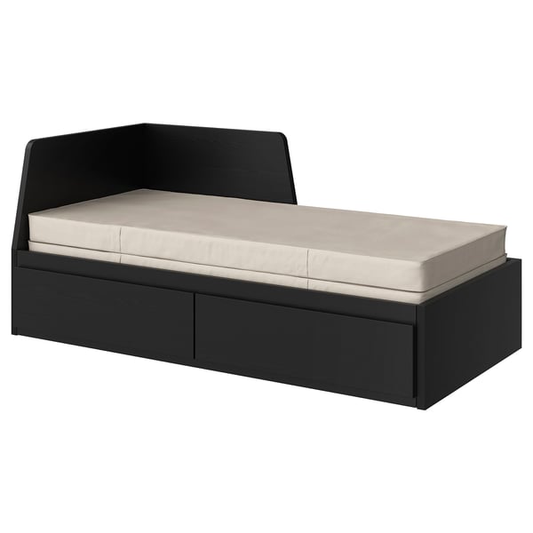 Black convertible day-bed with storage drawers and white mattress, modern and space-saving.