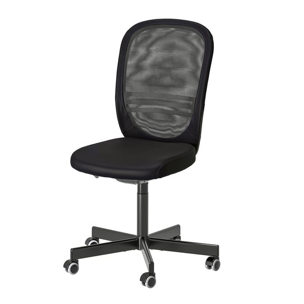 FLINTAN black office chair, mesh back, adjustable height, wheeled base.