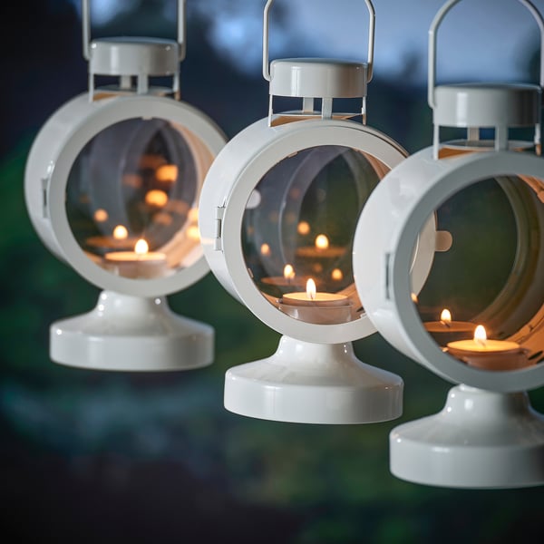FLODSVALA Lantern for tealight, in/outdoor, off-white, 21 cm