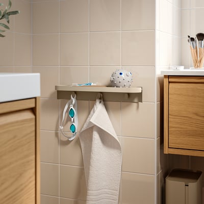 FLORSJÖN Wall shelf with 3 hooks, beige, 40x7 cm