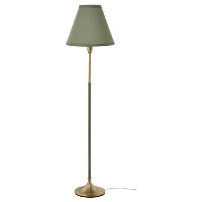 Green-finished metal floor lamp with brass accents and conical shade.