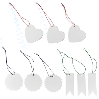 Seven white tags in heart, star, and banner shapes with colourful strings for hanging.