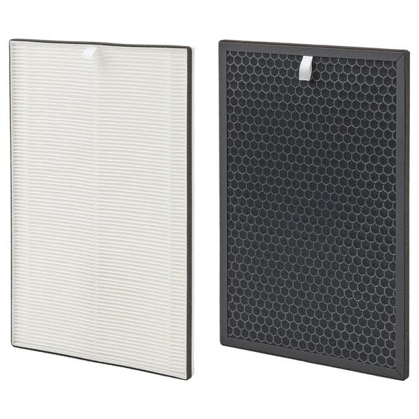 Two air purifier philtres shown, one white, one black, rectangular, framed, textured surfaces for particle and gas removal.