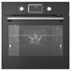 Black modern oven with digital display, touch controls, and glass door.