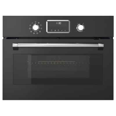 Black built-in microwave-convection oven combo with stainless steel handle and digital display.