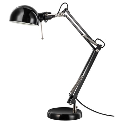 Black FORSÅ desk lamp with adjustable arm and dome shade, made of steel.