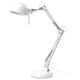 A white forsa desk lamp with an adjustable arm and shade, made of powder-coated steel.