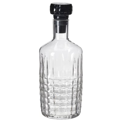 Frójda glass carafe with black stopper, clear, faceted, cylindrical shape.