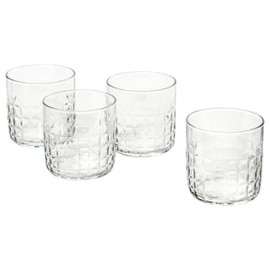 Four clear, faceted glass cups; part of the FRÖJDA collection. Ideal for drinks or desserts; uniform style for festive table settings.