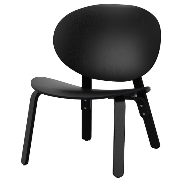 Black wooden chair, scandinavian design, oval back, four angled legs.