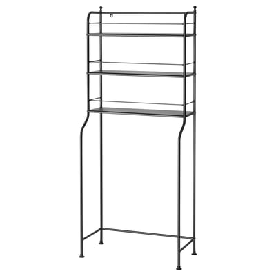 A black metal bathroom shelf unit named FRÖSJÖN with multiple glass shelves, ideal for organising toiletries and fitting over toilets.
