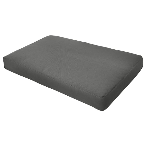 Dark gray outdoor cushion: rectangular, textured, recycled pet cover.