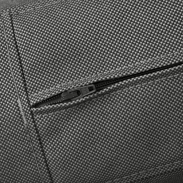 Close-up of high-quality, textured, grey outdoor cushion cover with durable zip, made from recycled pet bottles.