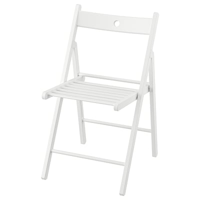 White frosvi folding chair. Made of solid beech, a simple design with a seat hole for hanging.