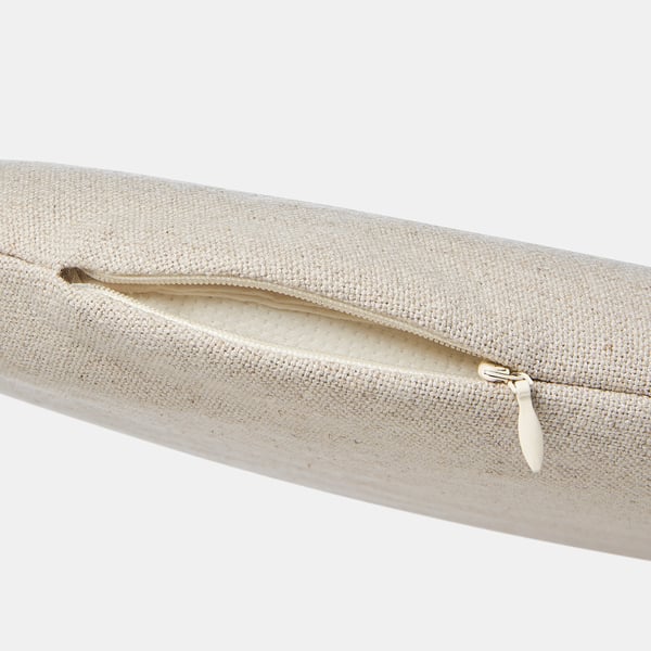 Close-up of well-crafted, beige woven rattan pouch with zip detail; highlights quality texture.