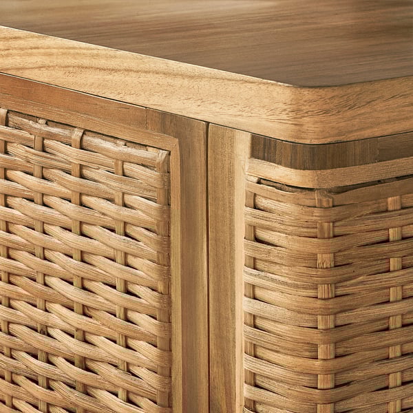 Wicker tv unit with wooden top, showing intricate weave detail and sturdy construction.