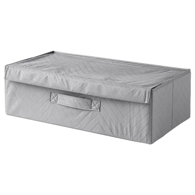 A FULLSMOCKAD storage box in grey. Made of polypropylene fabric, it is rectangular with a quilted pattern, and a handle on the side for easy carrying.