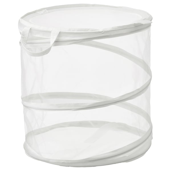A white FYLLEN storage basket, made of durable, breathable recycled polyester, with cylindrical shape and spiral design.