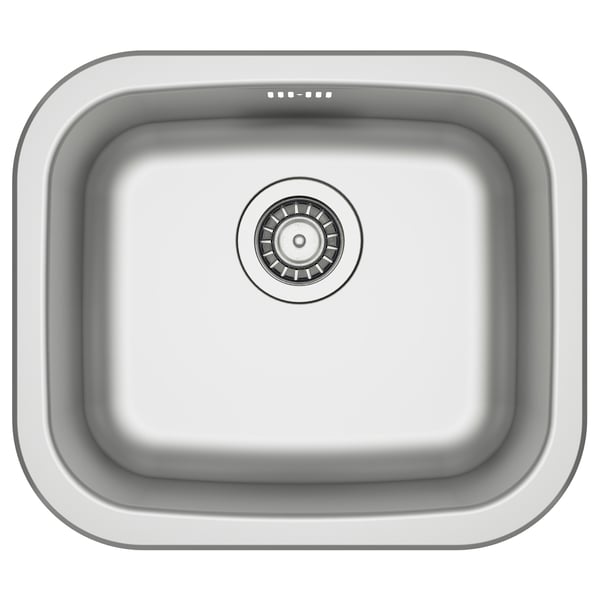Stainless steel sink, sound-absorbing layer, single basin, gleaming chrome finish.