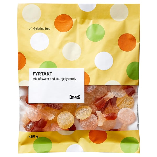 IKEA FYRTAKT candy bag, mixed sweet & sour jelly, 450g, colourful polka dots.